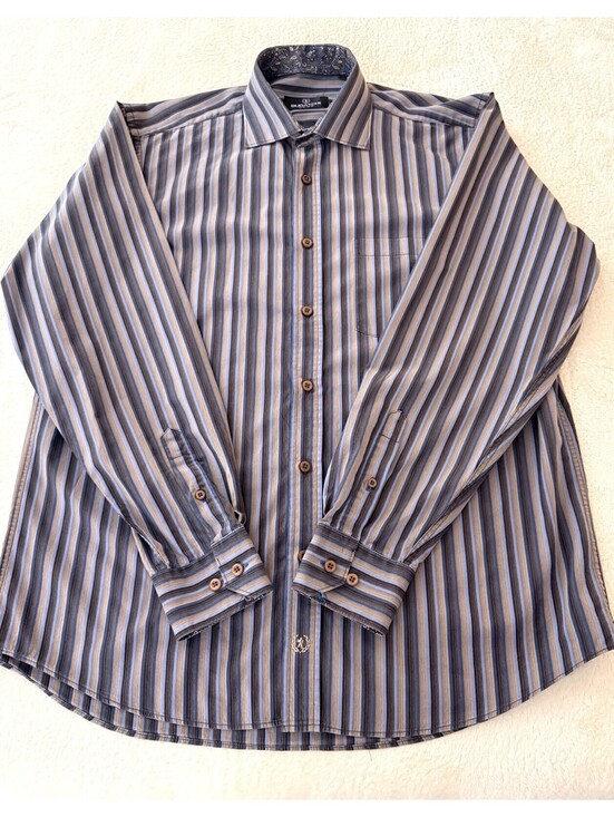 Other - Bugatchi Uomo Mens XL Dress Shirt Blue Brown Striped 100% Cotton Button Up